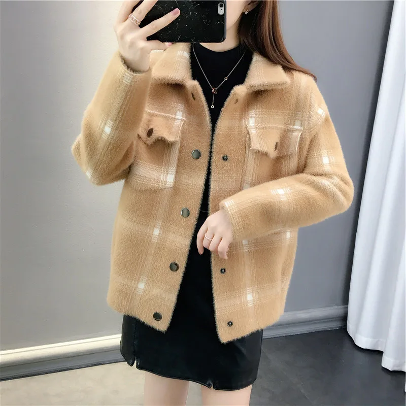 

Fad Autumn Winter Knitted Jacket for Women Korean Style Plaid Outwear Turn Down Collar Single Breasted with Pockets Casual Coat