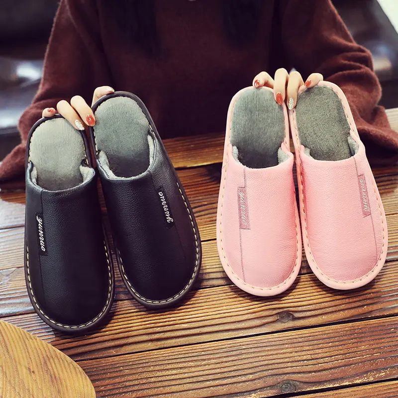 Autumn and winter cow skin cotton slippers men\'s and women\'s indoor antiskid warm waterproof couple leather cotton slippers