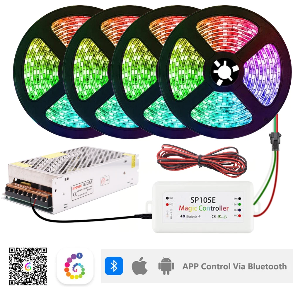 WS2812B WS2812 Individually Addressable Smart RGB Led Strip Light SP105E Bluetooth LED Controller DC5V LED Transformer KIT