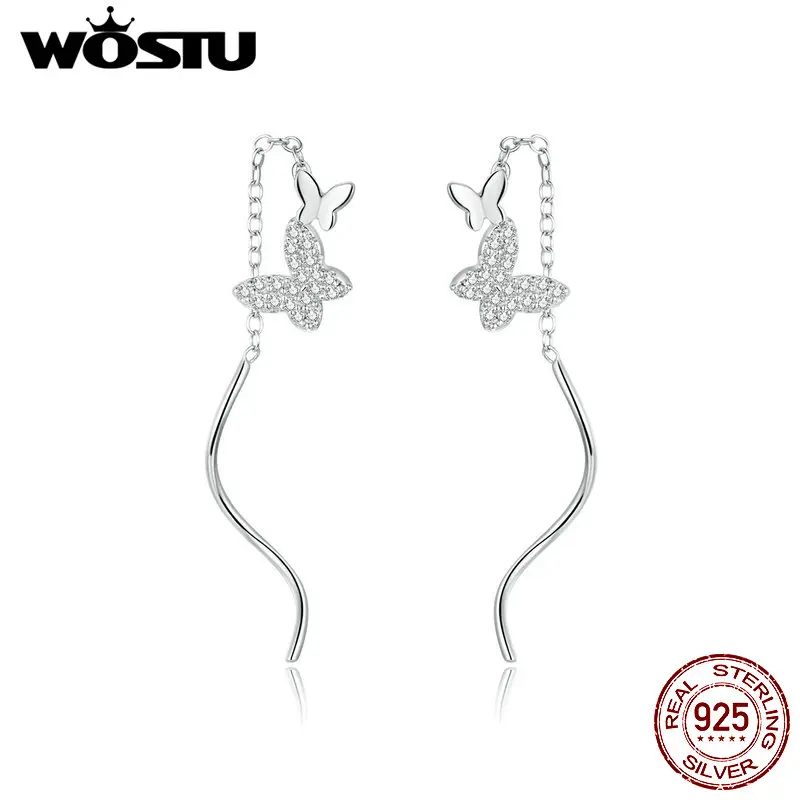 WOSTU 100% 925 Sterling Silver Flying Butterflies Drop Earrings Long CZ Butterfly Dangle Earrings For Women Jewelry CTE436