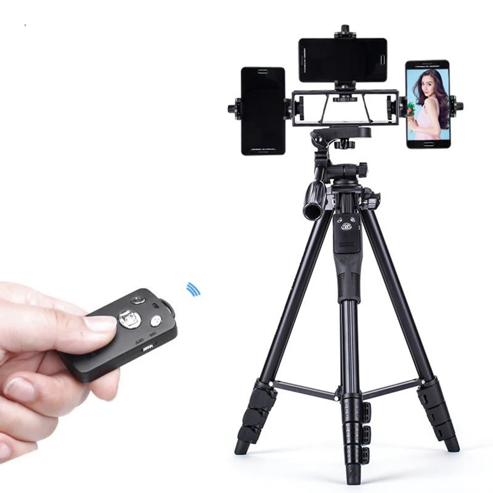 

YUNTENG VCT-6808 Multi-functional Tripod for Phone with 3 Phone Holders 4-Section Telescoping Tripod Ball Head Remote Controlle