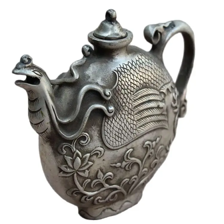 

China Tibet Old Vintage Handwork miao Silver Peacock flat pot Teapot metal handicraft home decoration