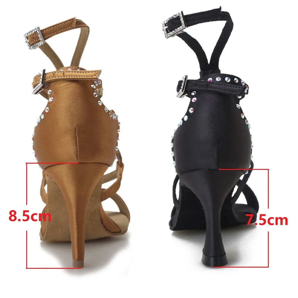 Ballroom Latin salsa dance sandals rhinestone women party wedding shoes suede sole 7.5/8.5 cm heel bronze black satin ALS031