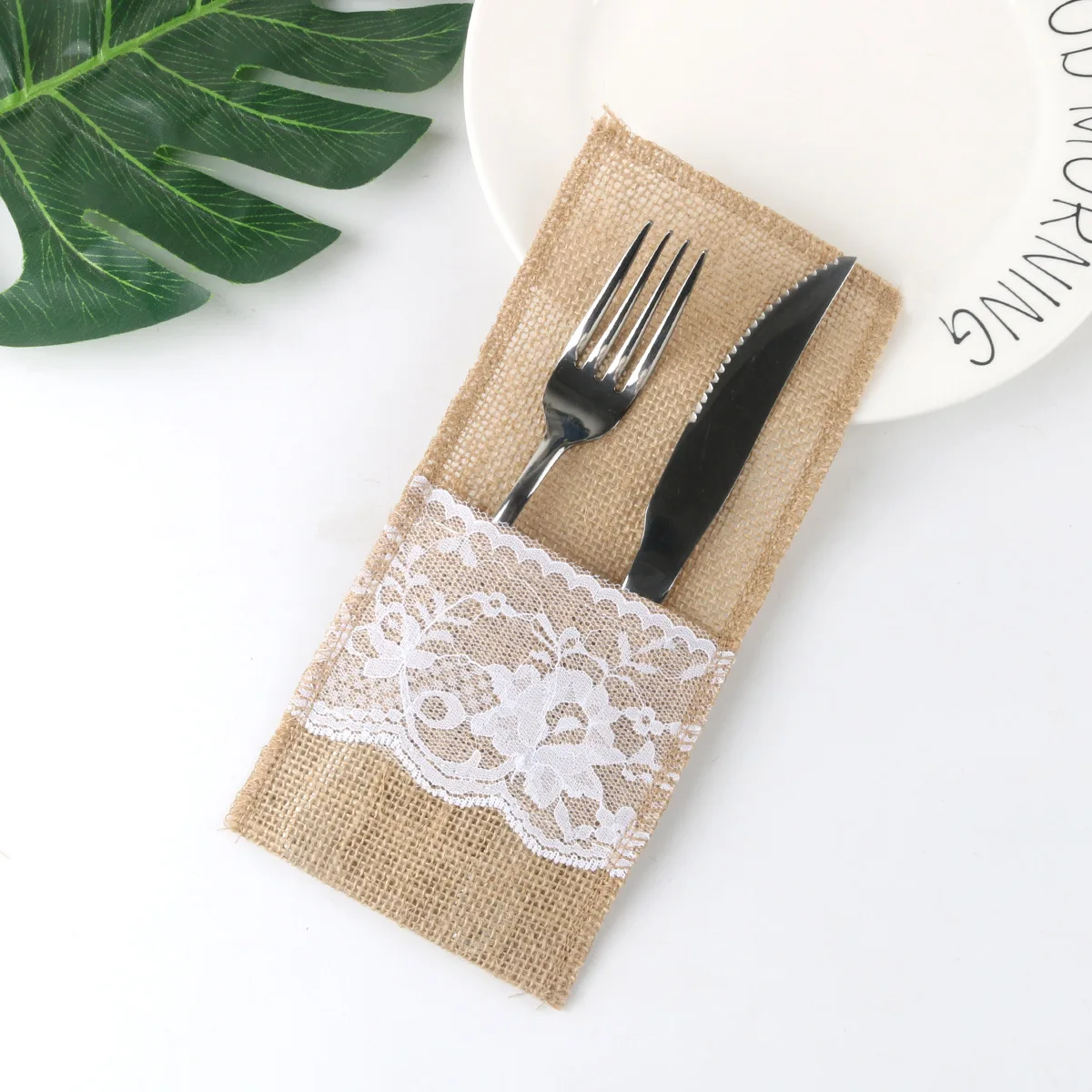 Linen Lace knife and fork bag Christmas decoration linen tableware bag Wedding party supplies Party and festival decoration