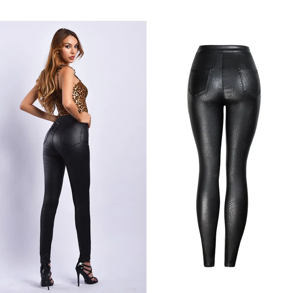 Jeans Women Sexy Pu Leather Black Jeans Pencil Pants High Wasit 2025 Autumn Winter Warm Elegant Slim Skinny Pants Outfits C1887