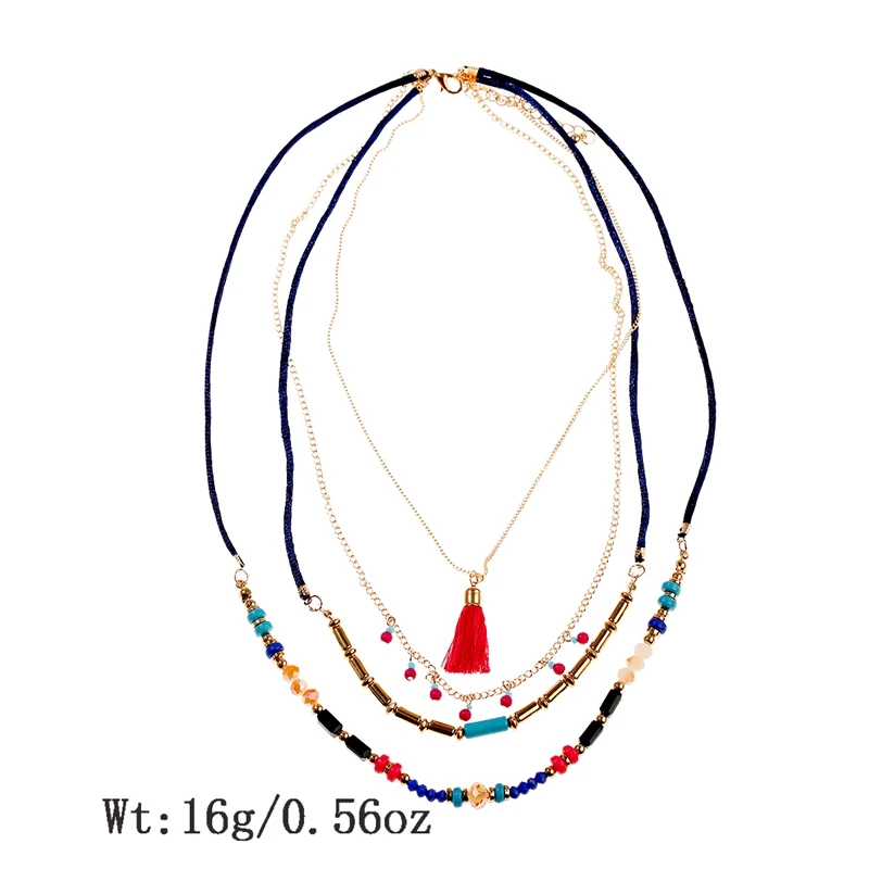 Women\'s Bohemian Boho Beads Tassel Statement Necklace Multilayer Woven Long Pendants Ethnic Choker Necklace Women