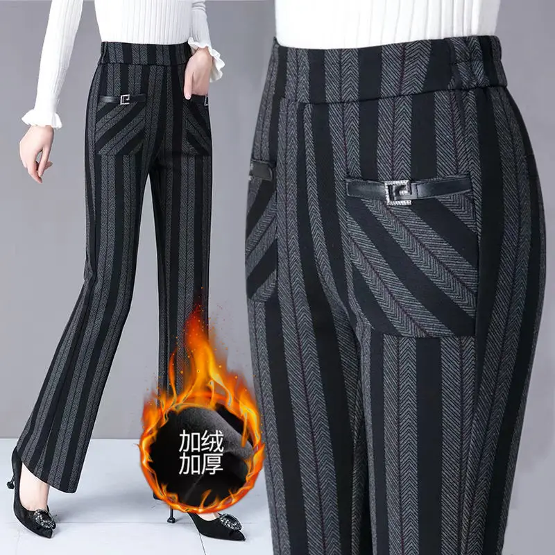 

Plush Flared Pants Women's 2023Autumn Winter New High Waist Slim Straight Ladies Trousers Grid Female Casual Pants