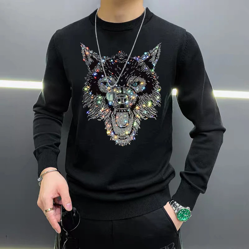 Youth Trend Knitting Chic Hot Diamond Shiny Design Warm Personality Men's Sweater Solid Color Black And White Oversized