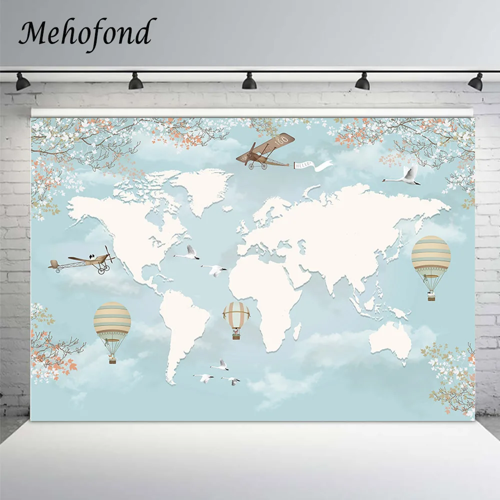 

Mehofond Photography Background Blue Sky Aircraft Travel World Map Hot Air Balloon Baby Birthday Wedding Backdrop Photo Studio