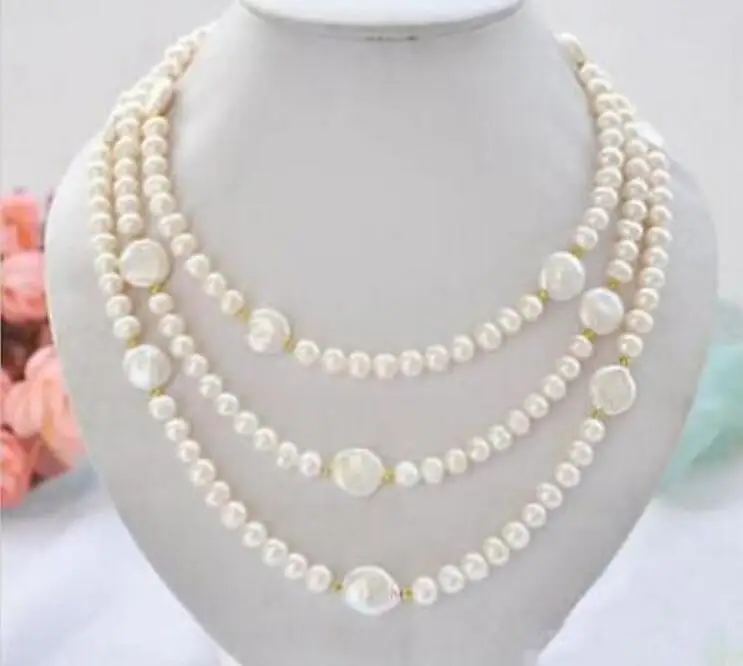 

Jewelry Pearl Necklace Long beautiful 7-8 south sea white pearl coin necklace 50 inch Free Shipping