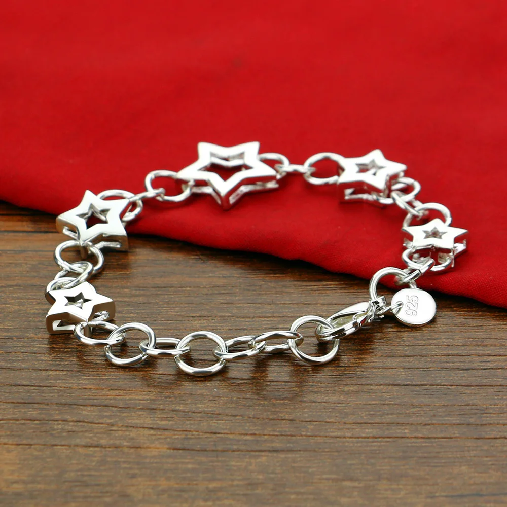 

Унисекс-браслет из стерлингового серебра 925 пробы с пятью звездами, простой, элегантный, изящный, цепочка, ювелирное украшение для женщин и мужчин