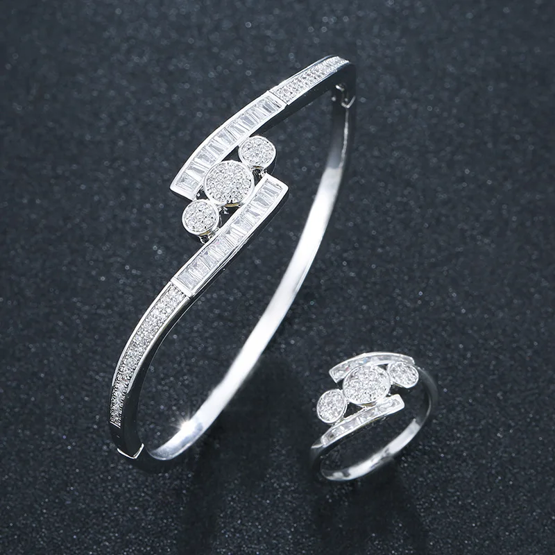 

HIBRIDE Micropave Cubic Zircon Stone Dubai Gold Big Wide Round Women Wedding Party Bangle Rings Jewelry Sets for Bride N-1858