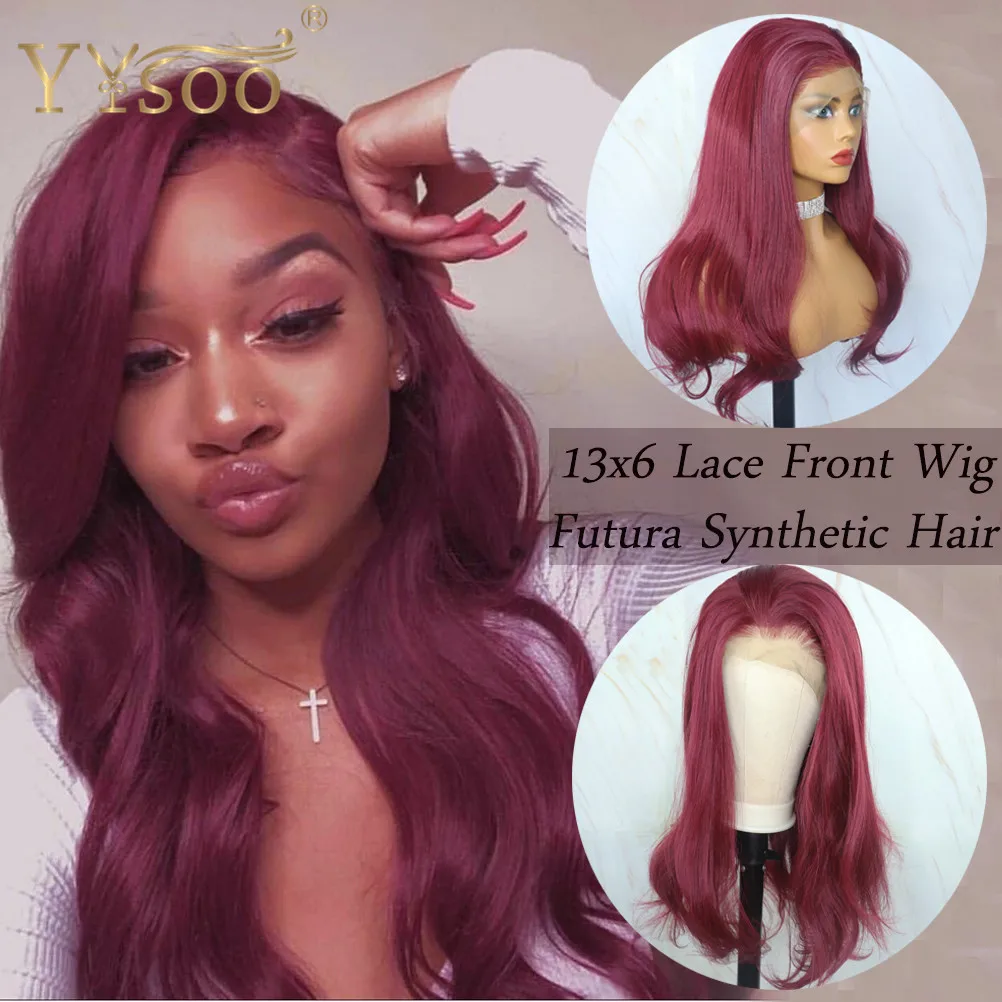 

YYsoo 13x6 Long Red Wine Color Wavy Wigs for Women Futura Synthetic Lace Front Wig Japan Heat Resistant Fiber Hair 6inch Parting