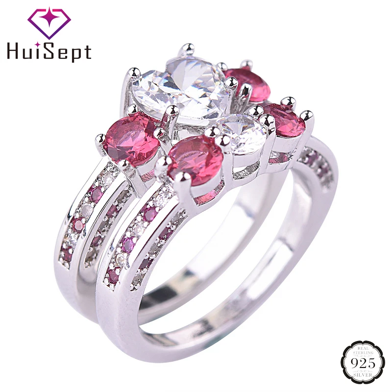 

HuiSept Trendy 2 in 1 Women Ring 925 Silver Jewelry Heart-shape Ruby Zircon Gemstone Ornaments for Wedding Party Wholesale Rings