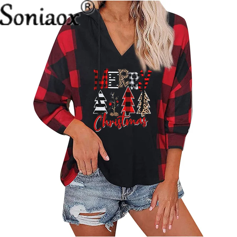 2021 Harajuku Christmas Element Plaid Print Women Hoodies V-Neck Long Sleeve Ladies Sweatshirt Loose Casual Female Tops Pullover