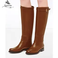 Sgesvier Plus Size 34-45 Women Leather Knee High Boots Flat Heel Women Winter Warm Boots Fashion Casual Woman Long Footwear