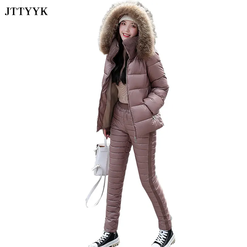 Fashion Two Piece Outfits For Women Long Sleeve Hooded Coat And Cotton pants New Winter Parka Ladies Solid Thick Casual Suit Set