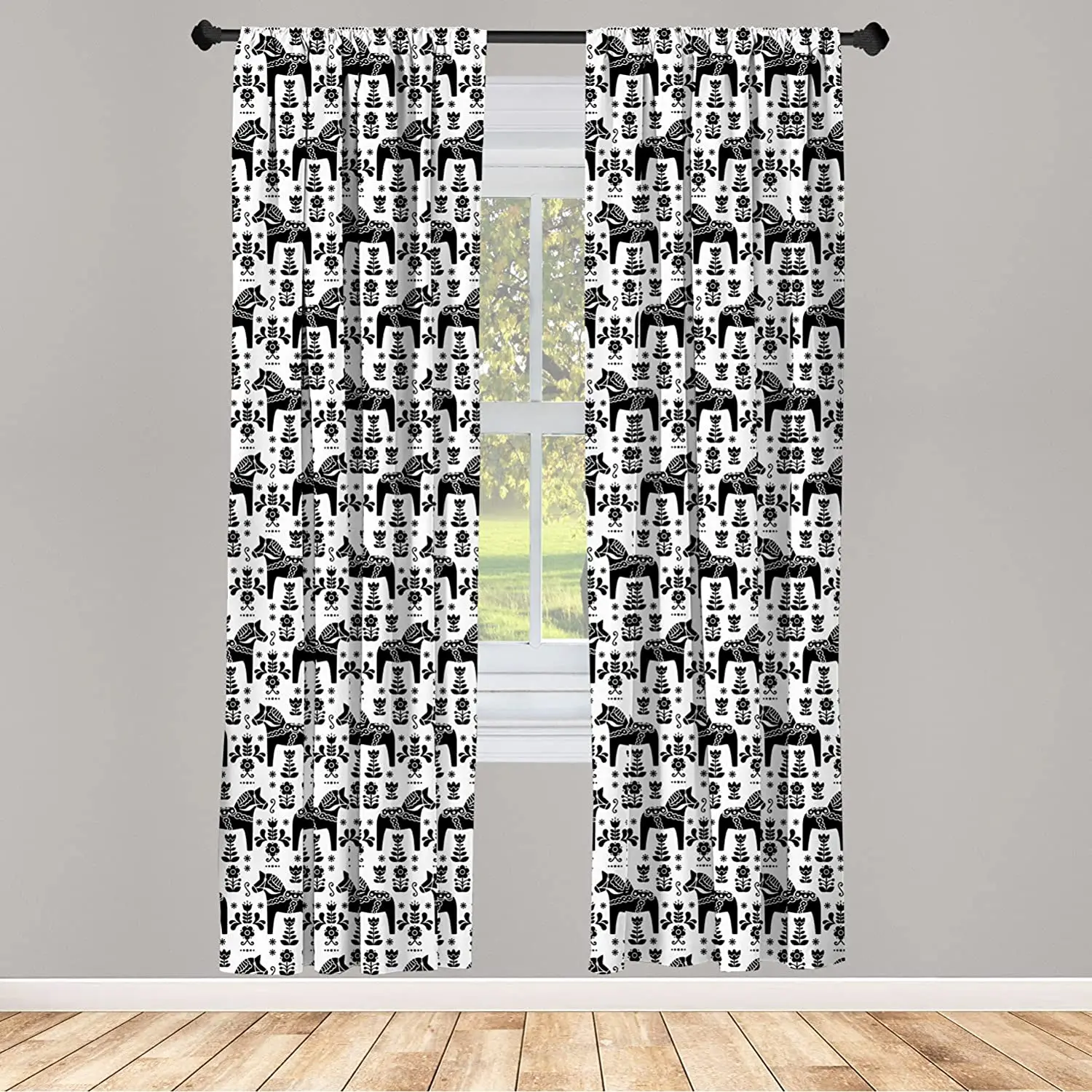 Nordic Curtain Swedish Folk Art with Dalecarlian Horse Silhouettes Ornate Flower Motifs Lightweight Window Treatment Living Room