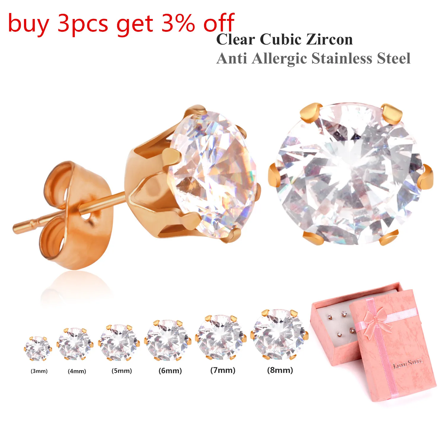 LUXUSTEEL Rose Golden Color Earrings aretes Brinco Stainless Steel Round Cubic Zirconia 6pairs box Stud Earring Sets Wedding