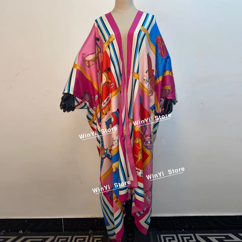 Imagem -02 - Winyi-vestido de Quimono Boho Estampado Feminino Vestido Longo Cinto Automático Frente Aberta Biquíni de Algodão Doce Senhora Túnica de Praia Rosa Novo 2023