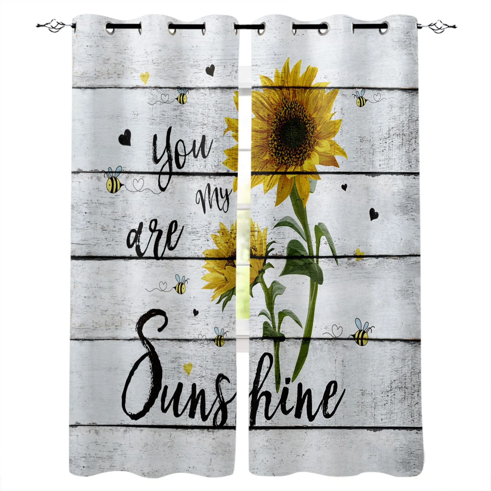 

Sunflower Bee Old Wood Plank Texture Blackout Curtains For Living Room Bedroom Window Treatment Blinds Drapes Kitchen Curtains