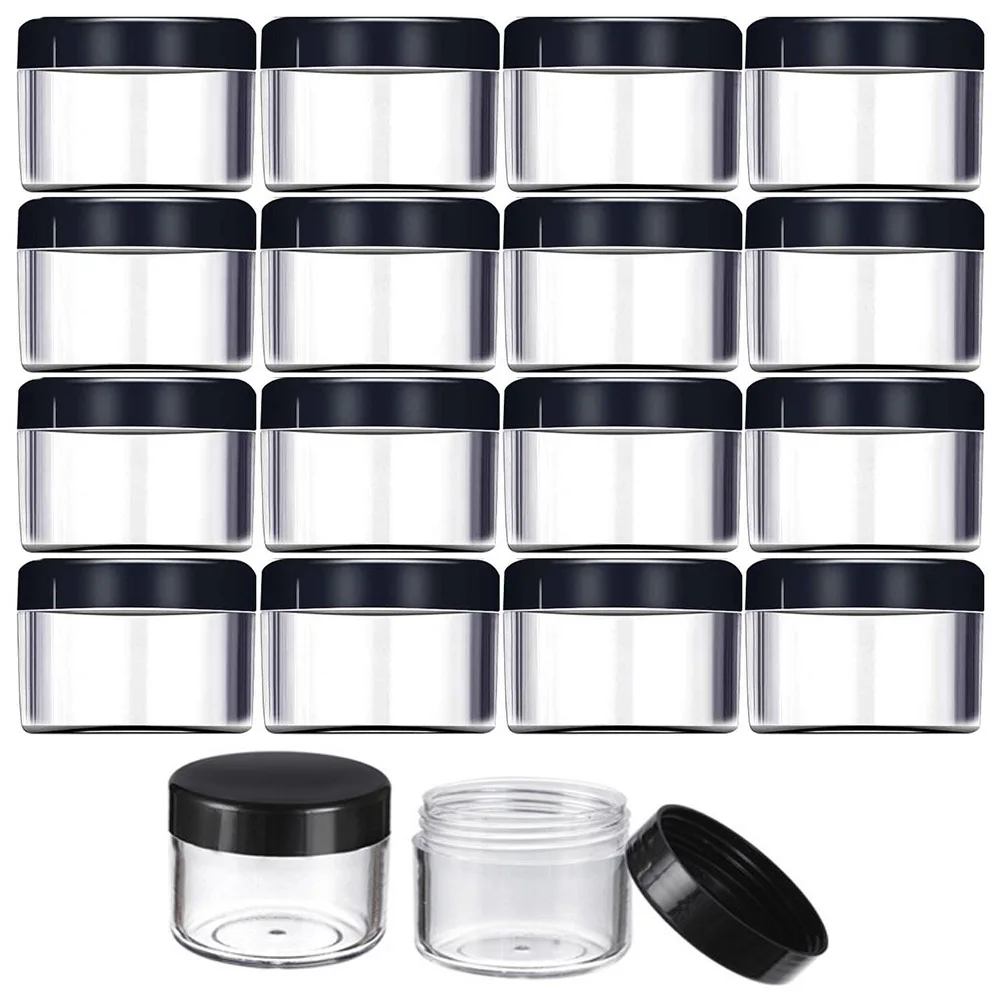 

Пустые прозрачные маленькие толстые круглые банки, 100 шт., 20 мл, 20 г, горшок, косметическая бутылка, фотоемкость с черными крышками
