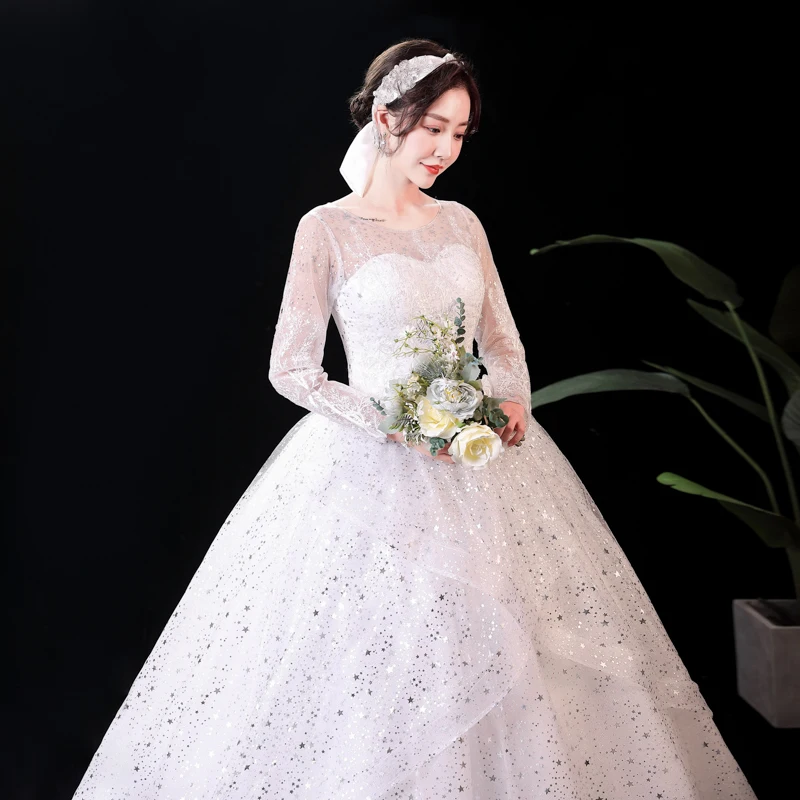 ชุดแต่งงานสำหรับเจ้าสาวลูกไม้แขนยาวชุดแต่งงานรถไฟ Vestidos De Novia Plus ขนาด Gowns Tailing