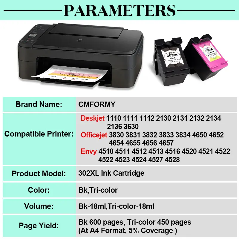 Substituição de tinta para impressora HP, Deskjet 1110, 1112, 2130, Officejet 3630, 4250, 302XL, 302XL