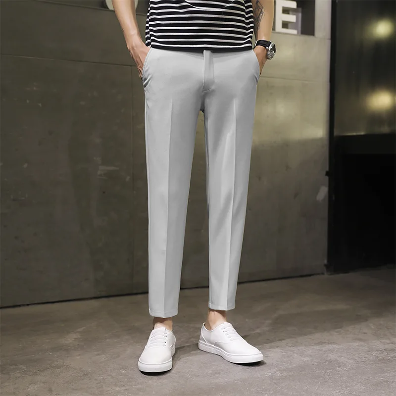 Spring Summer Men\'s Casual Pants Ankle Length Straight Classic Simplicity Solid Color Comfortable Male Business Pants