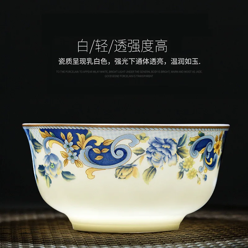 Jingdezhen ceramic bone china tableware, bowl and dish set, household combination, 56 pieces of dream orchid for Chinese microwa