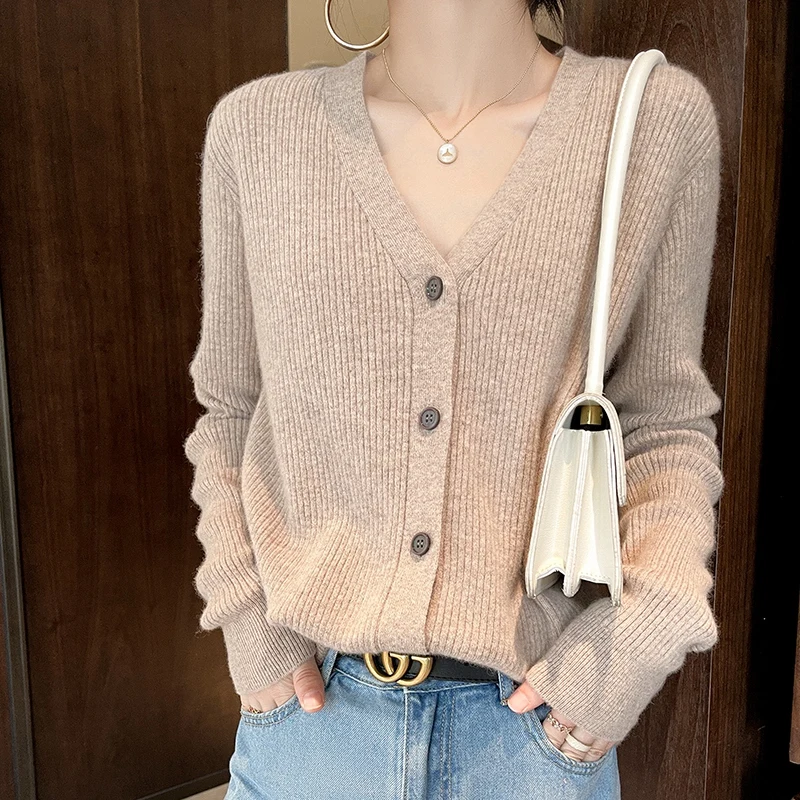 Spring and Autumn Chic V-Neck Striped Cashmere Cardigan Women Cashmere Sweater Long Sleeve Knitting Cardigan Women\'s