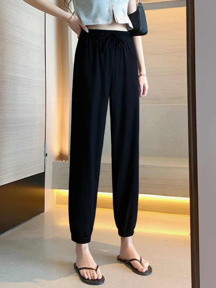 

Ice Silk Trousers with Beam Feet Loose Summer Thin Sports Pants Women Straight Nine-point Anti-mosquito Casual Lantern Pants