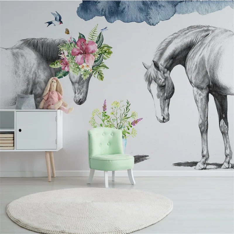 

wellyu Customized large fresco Nordic creative flowers black and white couple horse wallpaper TV background wallpaper