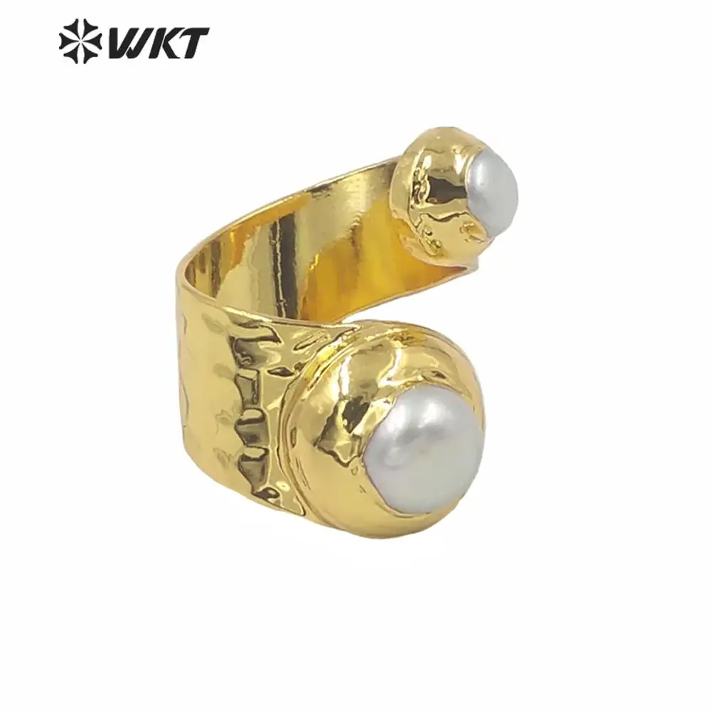 WT-R329 Fashion Design Double Gem-stone Natural Freshwater Pearl Jade Ring Round Shape Adjustable Jewelry For Women