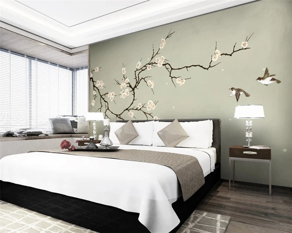 beibehang papier peint Customized new Chinese style hand painted plum flower bird background decorative painting wallpaper