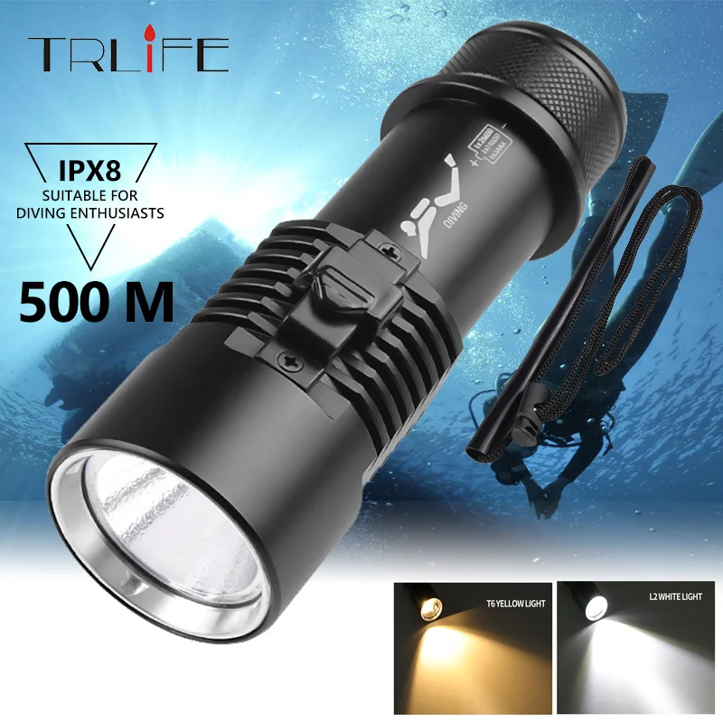 

Super Bright Diving Flashlight XHP70.2 LED IPX8 Waterproof Rating Professional Dive Light Powered by 18650 or 26650 Battery