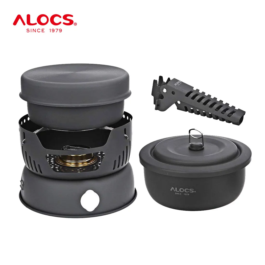 ALOCS CW-C05 Set of 10 Pieces Outdoor Camping Cooking Set Utensil Alcohol Stove Spirit Burner Cooker Pot Frying Pan Windshield