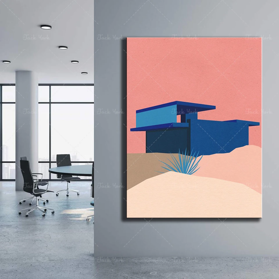 كوفمان ديزرت هاوس بالم سبرينغز الأزرق - ملصق المعرض الأحمر الوردي طباعة فنية التوضيح، ديكور المنزل المعماري #3