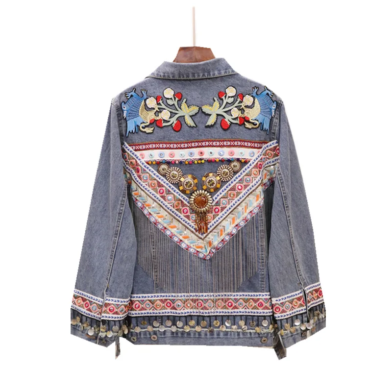 Denim Jacket Female Autumn Vintage Ethnic Appliques Embroid Tassels Bead Loose Sleeve Outerwear Jacket Women Chaquetas Mujer