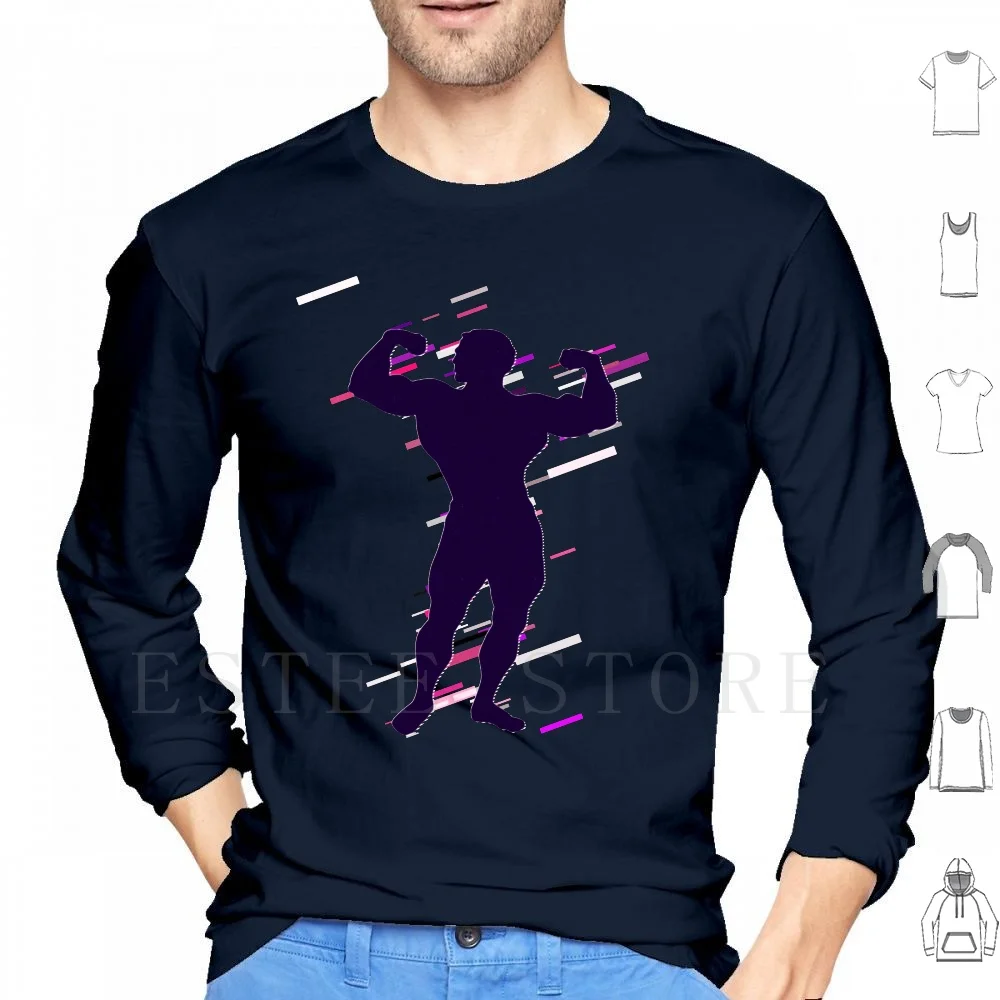 Bodybuilder Muscles Eighties Retro Violet And Purple Hoodies Long Sleeve Muscles Man Make Masculine Fitness Beef