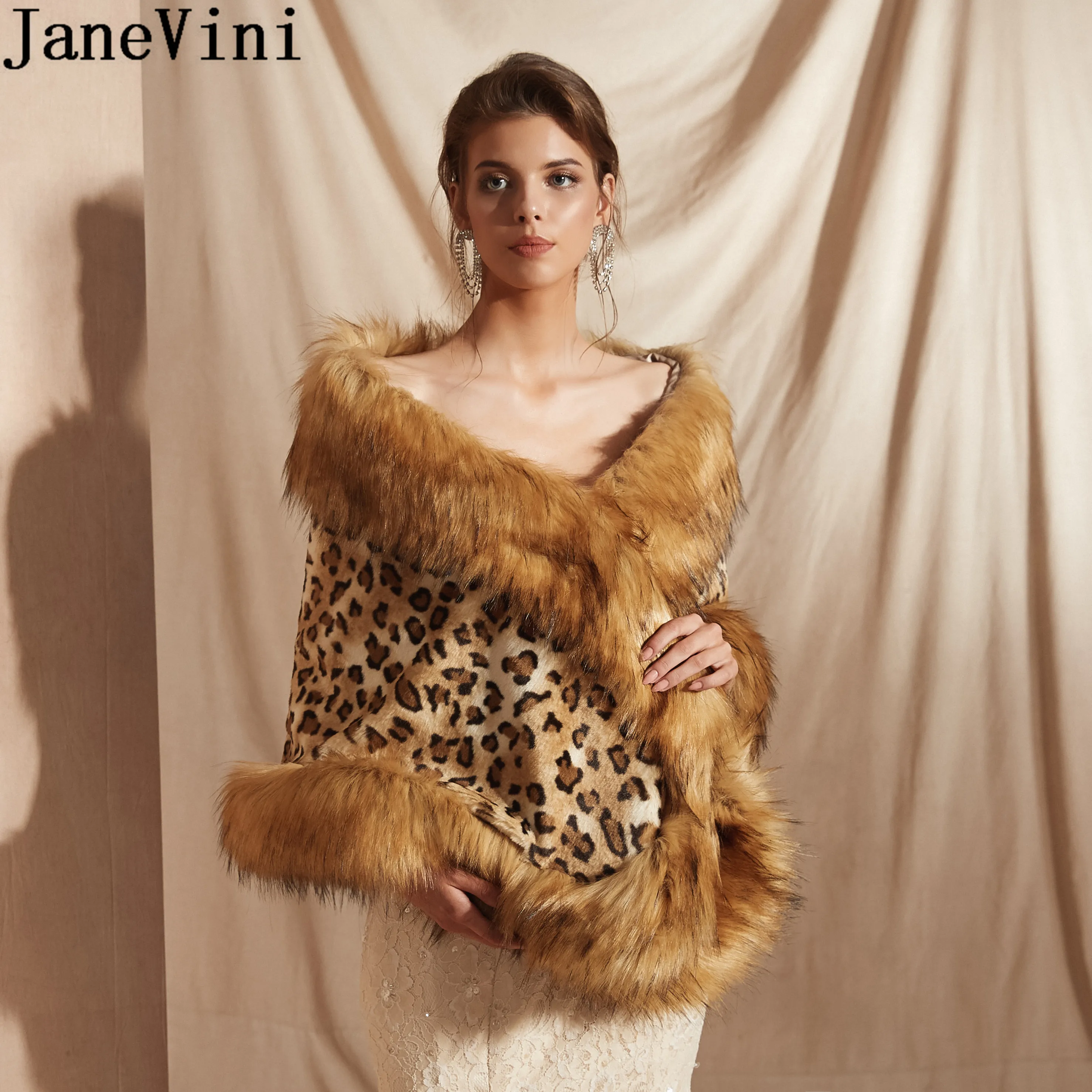 Janevini Fashion Wanita Bulu Imitasi Bungkus Pernikahan Musim Dingin Mantel Etole Sexy Leopard Pengantin Selendang Jaket Gaun Malam Bulu Bungkus Mencuri