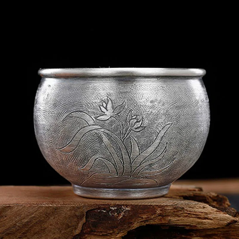 

Silver cup small tea cup sterling silver 999 hand-engraved retro kung fu tea set sterling silver tea cup