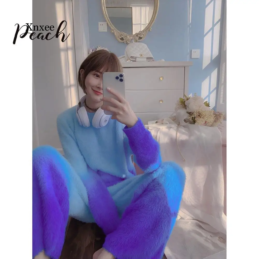 

Winter Round Neck Dream Gradient Knitted Set Women Sweater Suit Two Piece Set Oversized Casual Plush Tops Wide Leg Pants Kit