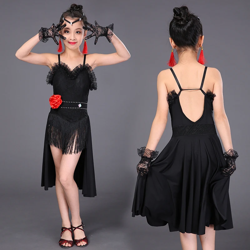 Vestido de baile latino para niños y niñas, ropa de competición de baile latino con flecos, traje de Salsa, vestidos de Tango de salón de encaje negro, novedad