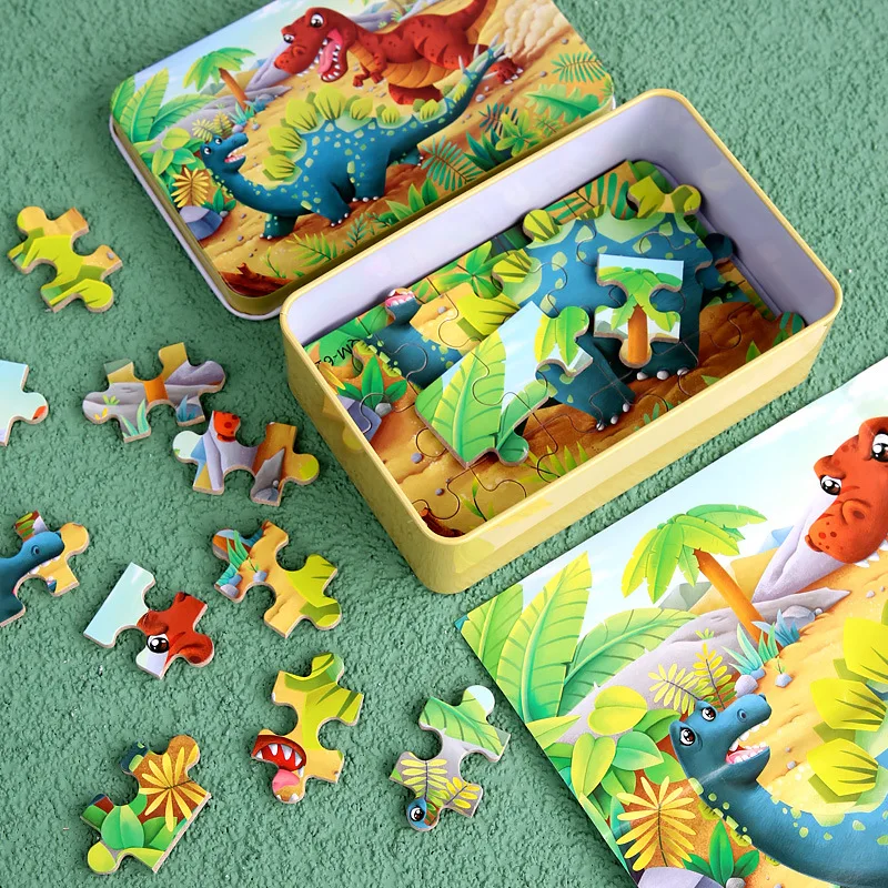 Nieuwe 60 stks Houten Legpuzzels Set voor Kinderen Leeftijden 4-8 Het Patroon van Dinosaurus/Assepoester/Sneeuwwitje met Ijzeren Doos Peuter Speelgoed