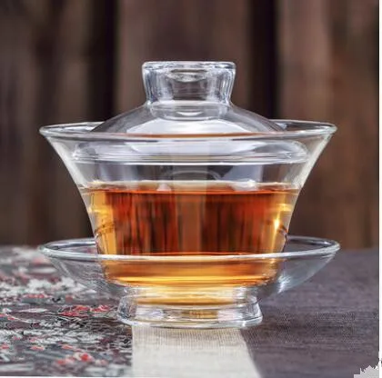 Grote glazen theekop en theekopje, transparante Gaiwan, Chinese teaset Sancai-theekom, enkele dikke hittebestendige hoes