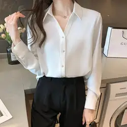 Women's Chiffon Shirts Spring Autumn New Office Lady Commute White Shirt Elegant Fashion Casual Solid Long Sleeve Blouses Female