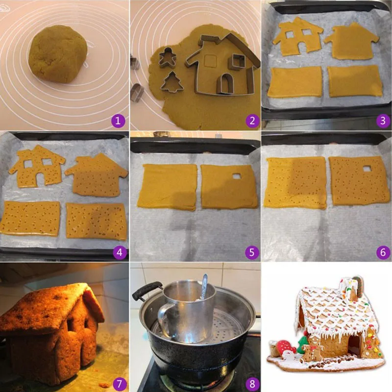 9pcs/set Christmas Gingerbread House Cookie Cutters 3D Stainless Steel Biscuit Cake Fondant Pastry Cutter Bakeware Set