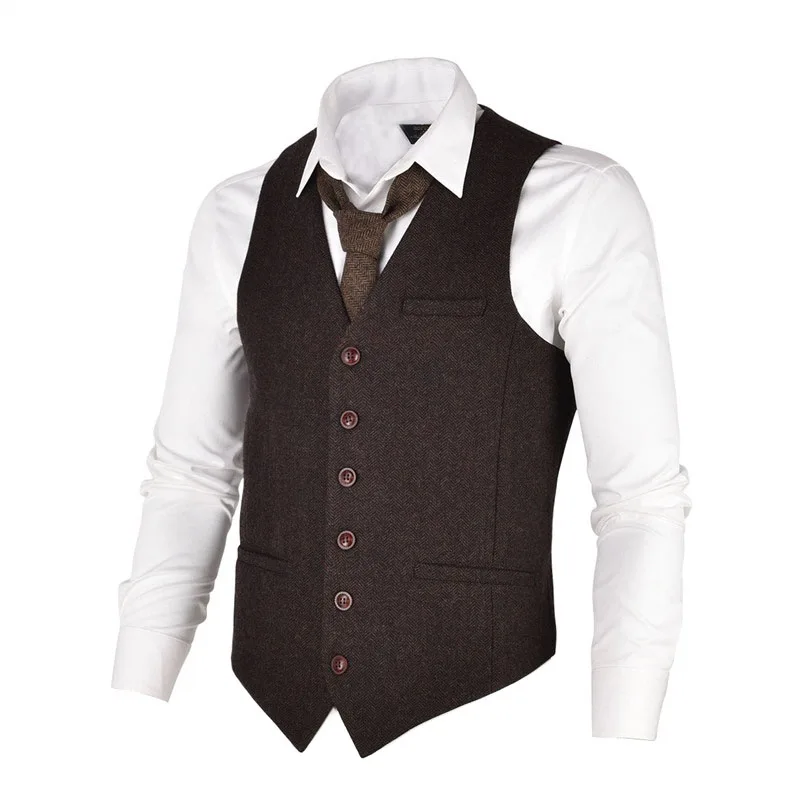 VOBOOM Men Waistcoat Coffee Suit Vest Male Herringbone Wool Blend Tweed Single-breasted Vests 007