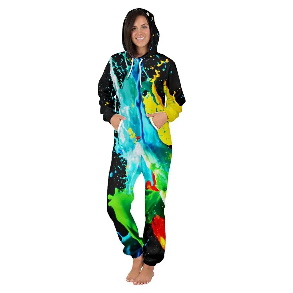 Kadın sonbahar tulum Onesie kapşonlu yetişkin 3D baskı uzun kollu fermuar tulum Bodysuit pijama artı boyutu pijama tulum